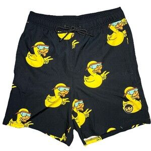 Neff Swim Shorts Mens Medium Black Graphic Duck Print Board Trunks Beach Summer